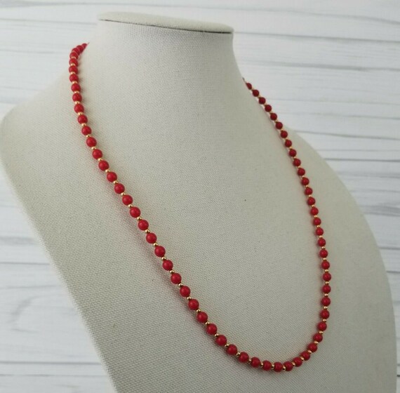 Vintage Monet Signed Red Beaded Necklace 26" Gold… - image 2