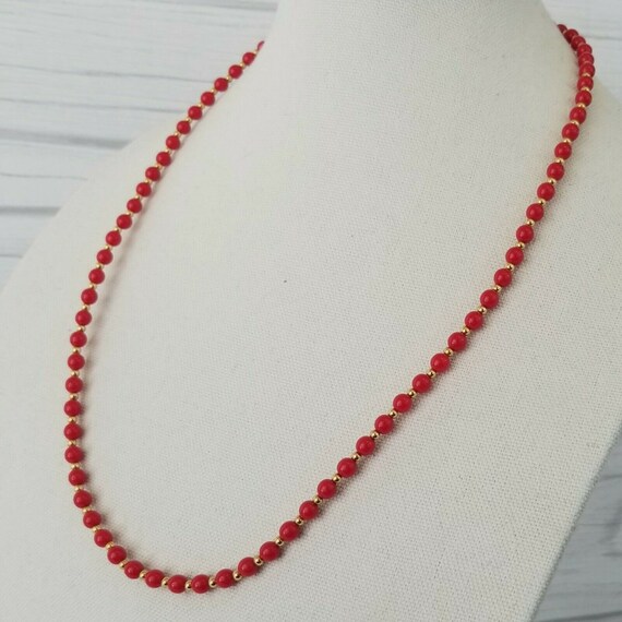 Vintage Monet Signed Red Beaded Necklace 26" Gold… - image 4