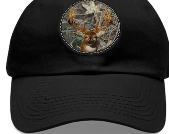 Camo Deer Hunting Hat, Camouflage Deer Hat, Dad Hat for Deer Hunters, Deer Hunting Gifts for Men, Leather Patch Deer Hat, Camo Gifts for Men