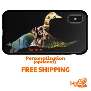 May include: Black phone case with a silhouette of a duck and a dog with the name Joshua printed on the case.