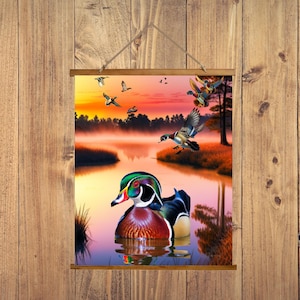 Wood Duck Wall Art, Duck Hunting Wall Decor, Flying Duck Wood Topped Wall Tapestry, Duck Hunting Gifts Men, Duck Hunting Decor, Cabin Decor