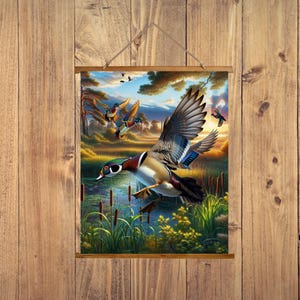 Wood Duck Wall Art, Duck Hunting Wall Decor, Flying Duck Wood Topped Wall Tapestry, Duck Hunting Gifts Men, Duck Hunting Decor, Cabin Decor