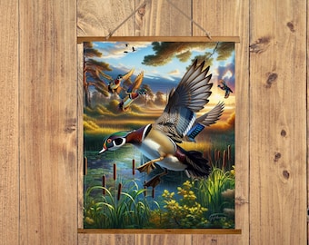 Wood Duck Wall Art, Duck Hunting Wall Decor, Flying Duck Wood Topped Wall Tapestry, Duck Hunting Gifts Men, Duck Hunting Decor, Cabin Decor