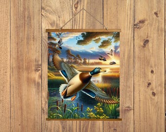Flying Mallard Wall Art, Duck Hunting Wall Decor, Flying Duck Wall Decor, Duck Hunting Gifts Men, Duck Hunting Wood Top Tapestry Cabin Decor