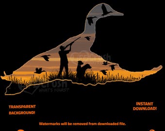 Caccia alle anatre in formato PNG, Silhouette di anatra in formato PNG, Cacciatore di anatre in formato PNG, Download istantaneo di caccia alle anatre all'alba, Disegno di germano reale in volo, Cacciatore di anatre e Labrador