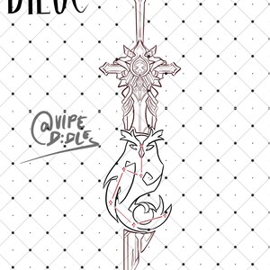 May include: A line drawing of a sword with a cross guard and a bird-like creature wrapped around the blade. The bird has a star-shaped pattern on its body. The text "DILUC" is at the top of the image and "@VIPE DIDDLE" is at the bottom.