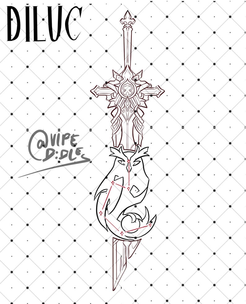 May include: A line drawing of a sword with a cross guard and a bird-like creature wrapped around the blade. The bird has a star-shaped pattern on its body. The text "DILUC" is at the top of the image and "@VIPE DIDDLE" is at the bottom.