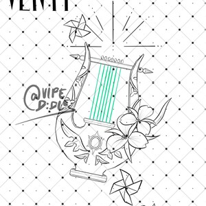 May include: A black and white line drawing of a lyre with a sun design on the front. The lyre is surrounded by flowers and pinwheels. The word "VENTI" is written at the top of the image.