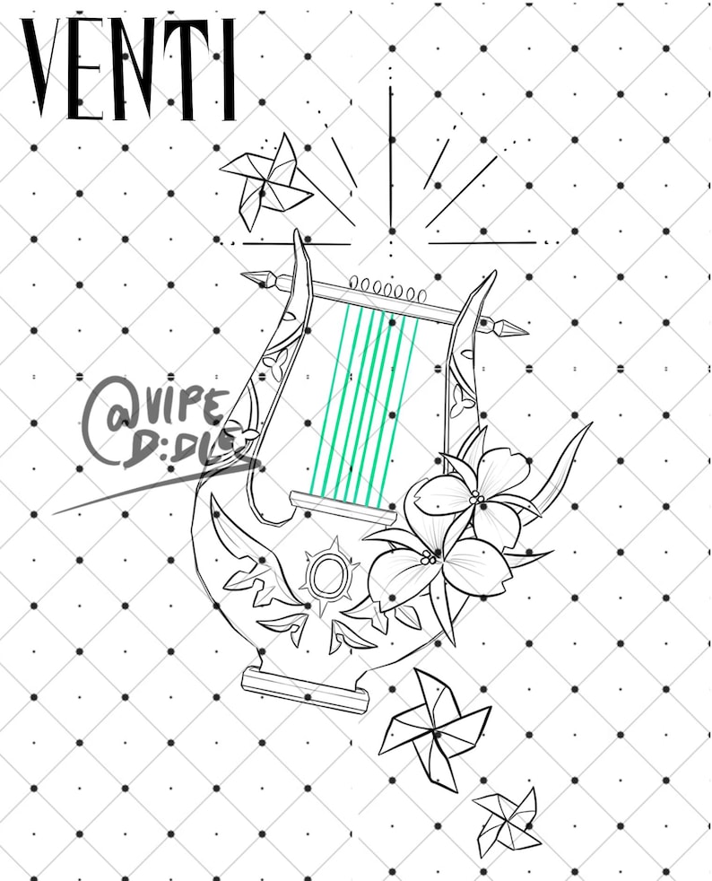 May include: A black and white line drawing of a lyre with a sun design on the front. The lyre is surrounded by flowers and pinwheels. The word "VENTI" is written at the top of the image.