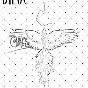 May include: A black and white line drawing of a phoenix rising from flames with a constellation of stars above it. The background is a white grid pattern.