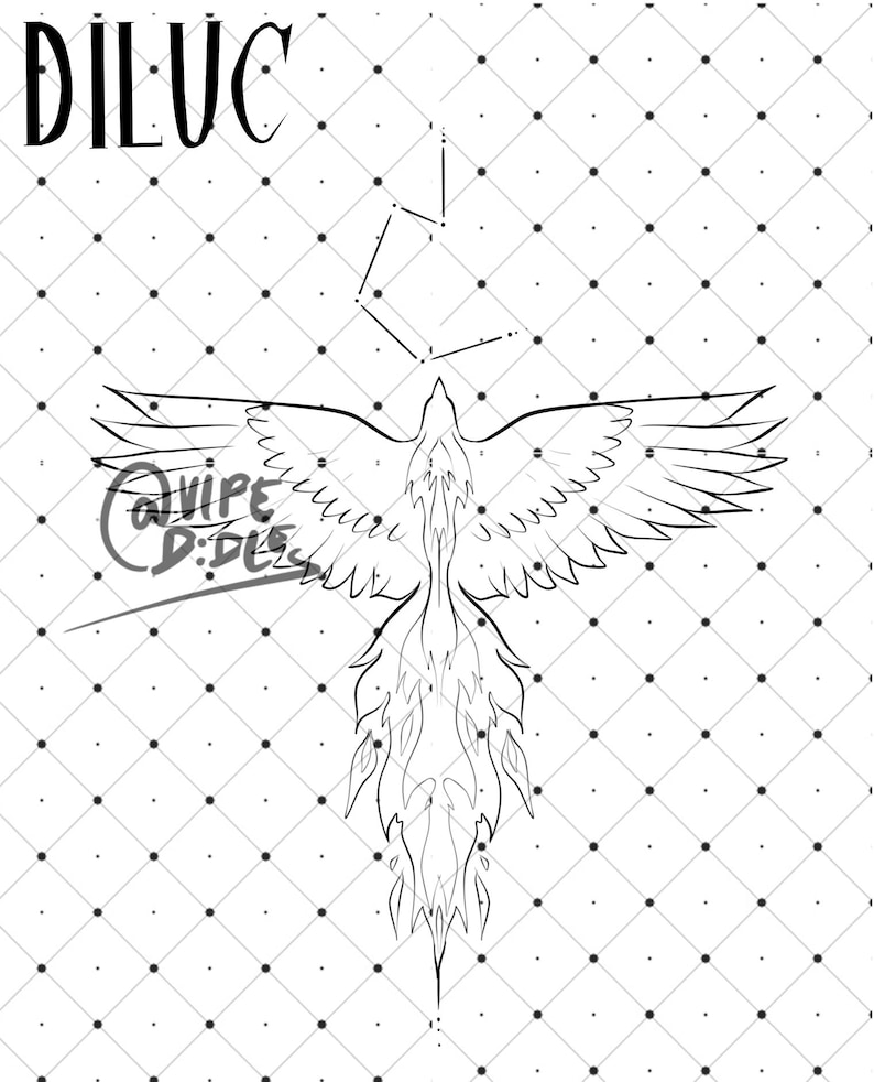 May include: A black and white line drawing of a phoenix rising from flames with a constellation of stars above it. The background is a white grid pattern.