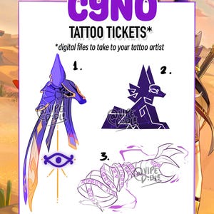 May include: Three tattoo designs featuring Cyno from the video game Genshin Impact. The first design is a purple and blue anubis with a golden staff. The second design is a purple anubis head. The third design is a purple and white anubis tail with a scroll.