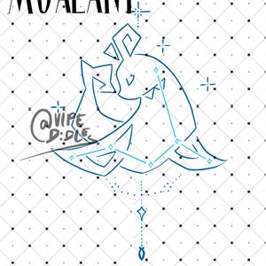 May include: A blue line drawing of a stylized whale with stars and the text "@wipe doodles" on a white background with a black grid pattern.