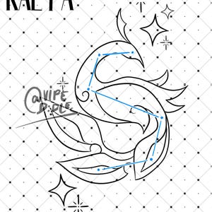 May include: A black and white line drawing of a constellation in the shape of a peacock. The constellation is outlined in blue. The word "KAEYA" is written in black at the top of the image.