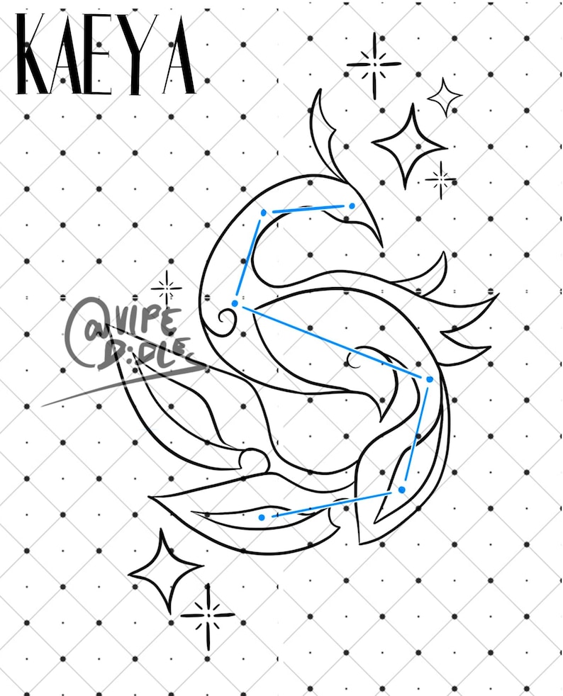 May include: A black and white line drawing of a constellation in the shape of a peacock. The constellation is outlined in blue. The word "KAEYA" is written in black at the top of the image.
