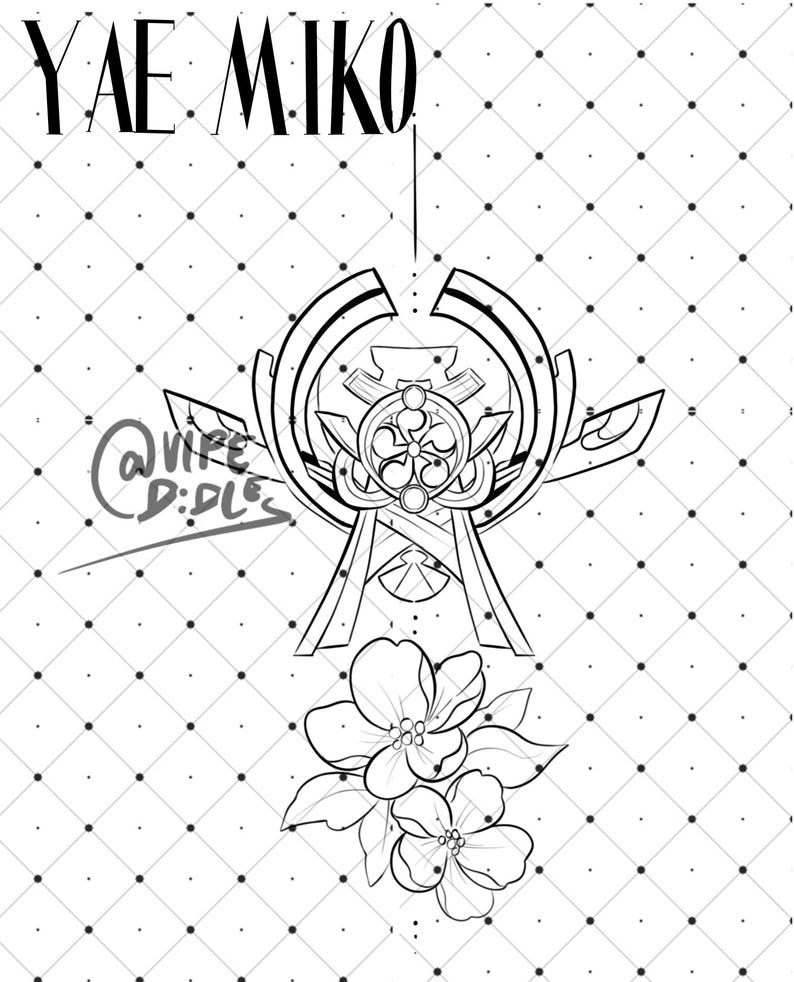 May include: A black and white line drawing of a stylized Japanese symbol with the text "YAE MIKO" at the top. The symbol is surrounded by a circle and has a flower design at the bottom.