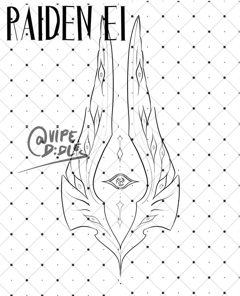 May include: Black and white line art illustration of a stylized eye with wings. The image is titled "Raiden Ei" at the top.