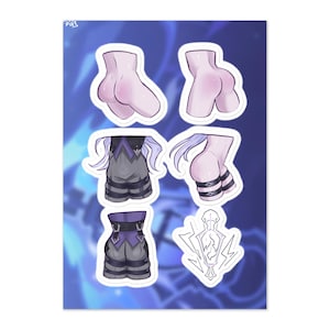 May include: A sticker sheet featuring several anime-style illustrations. The stickers include depictions of legs, shorts, and a stylized emblem, all with a soft color palette and a blue background.