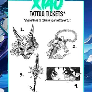 Könnte beinhalten: Vier Schwarzweiß-Tattoo-Designs mit einer Maske, einer Halskette, einem Schwert und einer Nahaufnahme eines Auges. Die Designs sind mit den Zahlen 1 bis 4 beschriftet. Der Text "Xiao Tattoo Tickets*" und "*digitale Dateien, die Sie zu Ihrem Tätowierer mitnehmen können*" befindet sich oben im Bild.