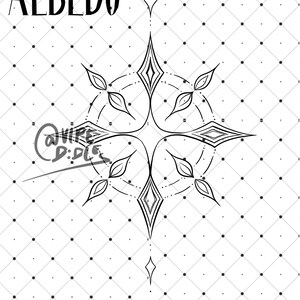 May include: Black and white line art illustration of a starburst with the word "ALBEDO" at the top of the image.