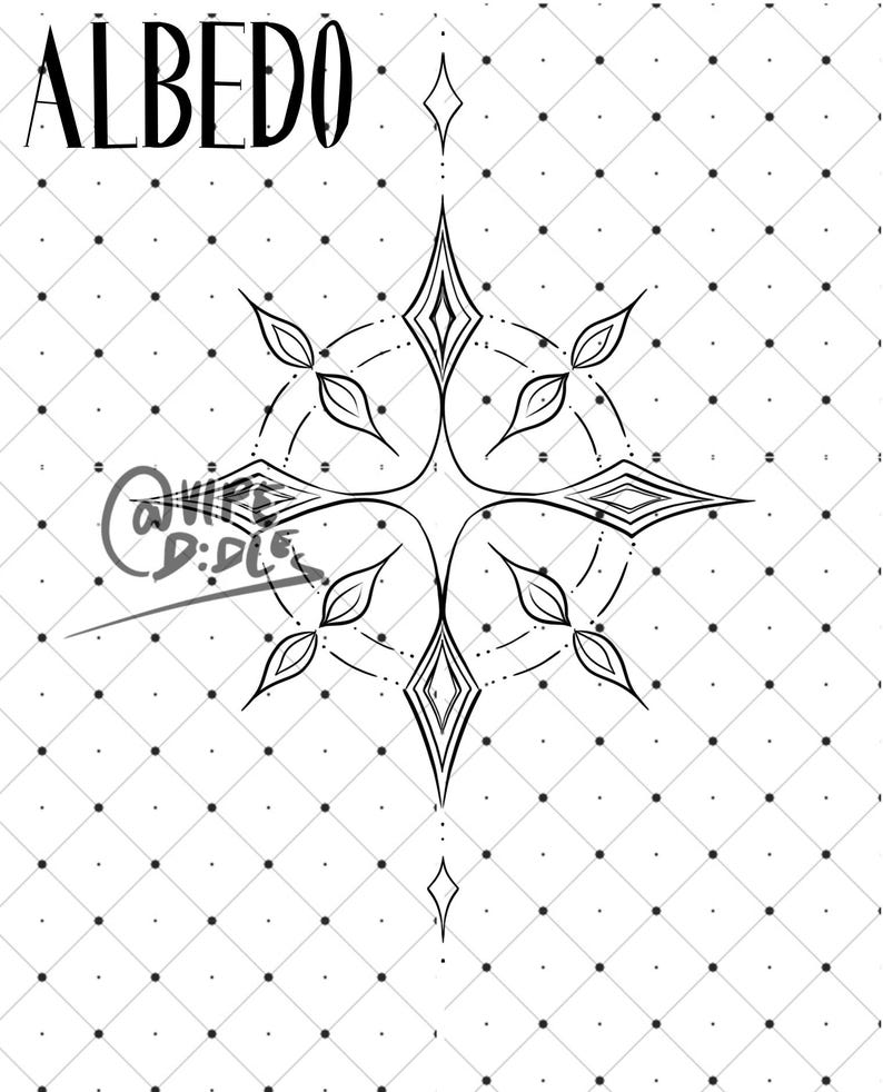 May include: Black and white line art illustration of a starburst with the word "ALBEDO" at the top of the image.