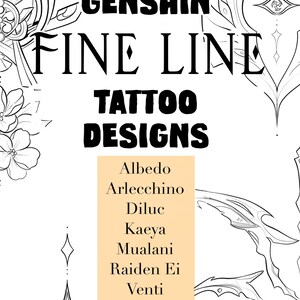 May include: Black and white line art tattoo designs inspired by Genshin Impact characters. The designs include Albedo, Arlecchino, Diluc, Kaeya, Mualani, Raiden Ei, Venti, and Yae Miko.