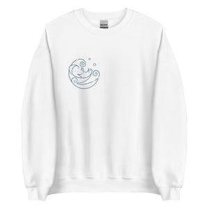 May include: White sweatshirt with a blue outline of a wave design on the front.