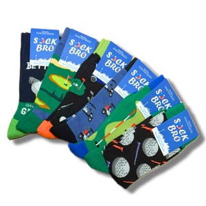 Golf Dress Fun Socks - 6 Pack Sock Bro Novelty Socks - Golf Ball, Golf Bag, Golf Tee, Golf Club, Golf Cart Colourful Socks