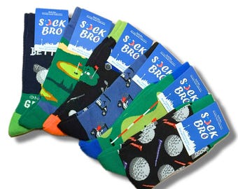 Golf Dress Fun Socks - 6 Pack Sock Bro Novelty Socks - Golf Ball, Golf Bag, Golf Tee, Golf Club, Golf Cart Colourful Socks