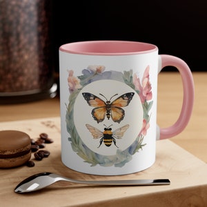 Penelope and Colin Polin Mug, Bridgerton-Inspired bee and butterfly 11 oz mug, Featherington Bridgerton subtle watercolor coffee cup
