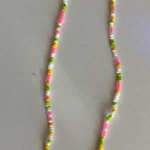 Springtime Seed Bead Necklace: Pink, Green, Yellow & White