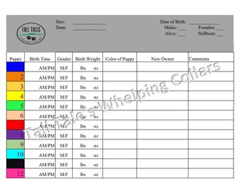 May include: A puppy whelping chart with a gray header and a white table. The chart includes sections for birth time, gender, birth weight in pounds and ounces, and color of puppy. The Tall Tales Helping Collars logo is in the upper left corner.