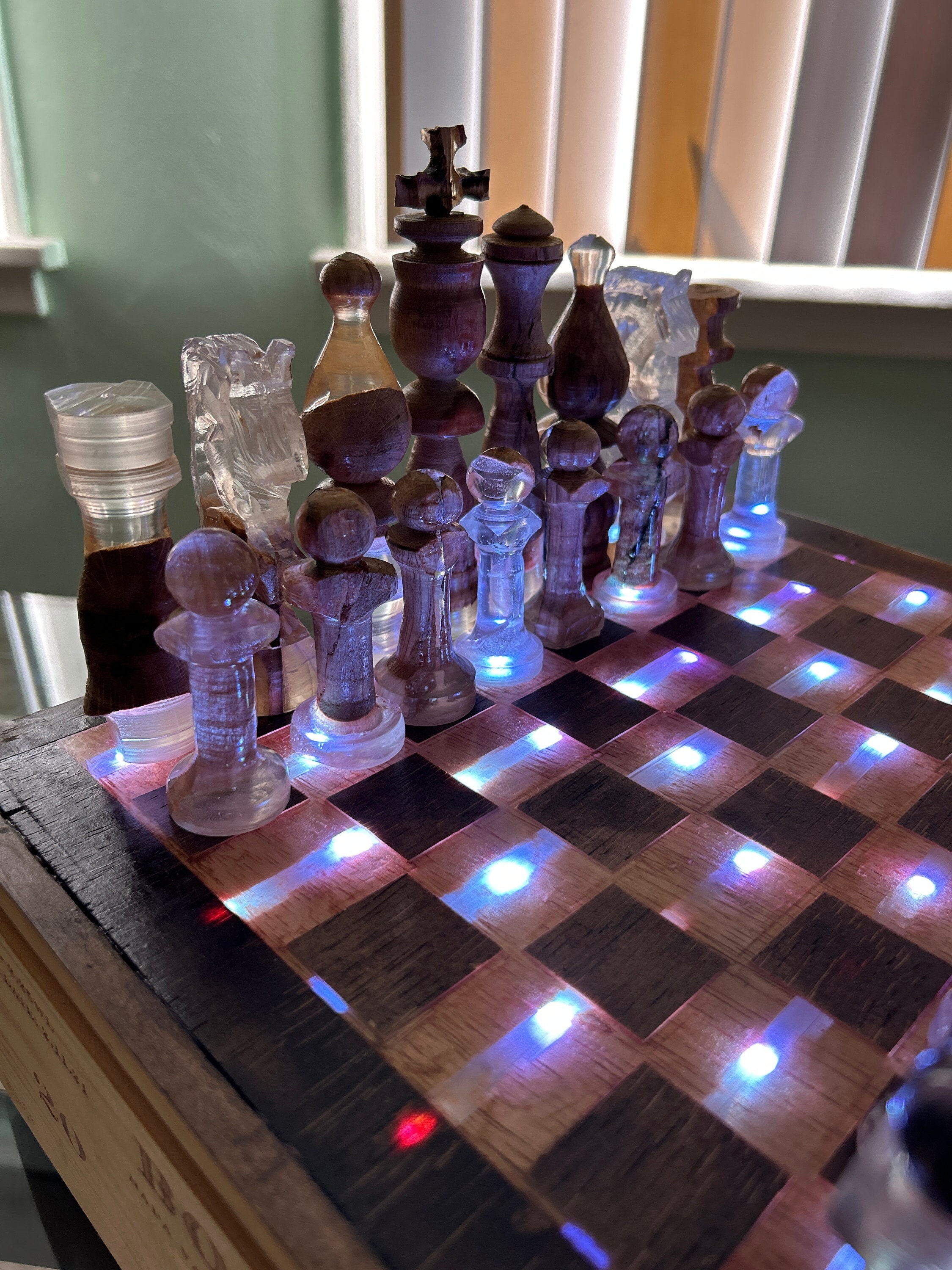 Floating Chess from Oak and Epoxy Resin with LED 