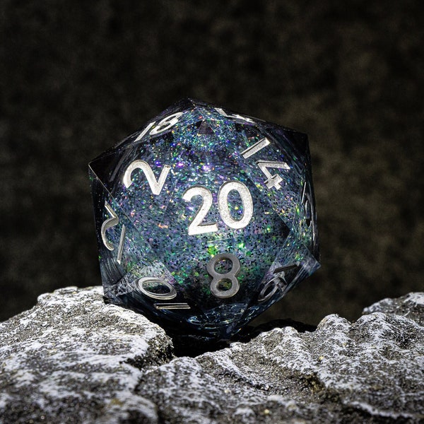 Dés géants D20 D&D faits à la main, dés géants DND à noyau liquide 55 mm, dés géants D20 liquides faits à la main, dés tranchants, dés géants D20