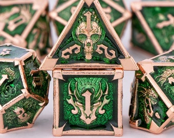 Dados Dnd de calavera de metal verde, conjunto de dados poliédricos para mazmorras y dragones, conjunto de dados D&D para juegos de rol, dados de dragón, regalo de dados d y d