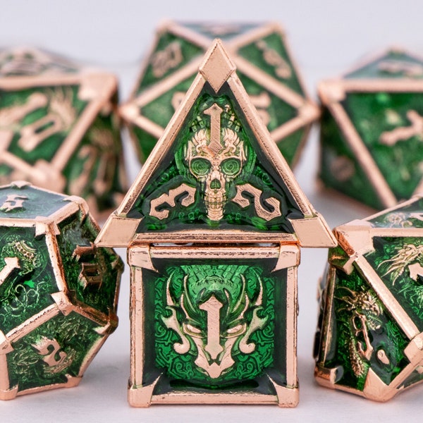 Dnd Dice Skull en métal vert, lot de dés polyédriques pour donjons et dragons, lot de dés D&D pour jeux de rôle, dés dragon, cadeau d et d dés