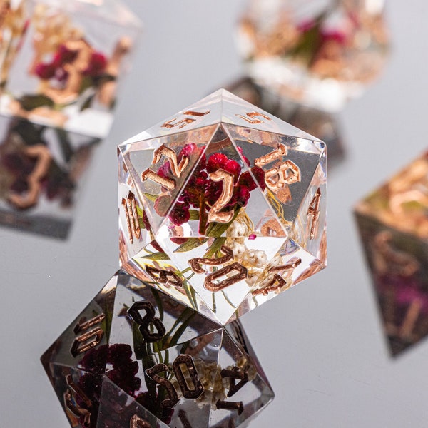 Handmade Rose Resin D&D Dice, DND Dice Set for Dungeons and Dragons, Polyhedral Dice Sharp Edge Dice, RPG Dice, D20 Dice, Flower Dice Set