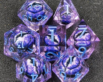 Handmade Purple Dragon Eye Dice Set, Beholder's Eye Dice, Liquid Core D&D Dice with Dragon Eye, Sharp Edge DnD Dice for Dungeons and Dragons