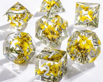 Gelbe Blumen Würfel, Shrtp Edge Resin D & D Würfel, 7 Stück DND Würfel Set, Dungeons und Drachen für Rollenspiele, RPG Würfel, DnD Würfel Set