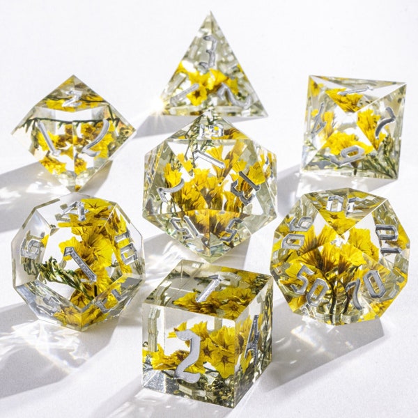 Yellow Flower Dice, Shrtp Edge Resin D&D Dice, 7pcs DND Dice Set, Dungeons and Dragons for Role playing games, RPG Dice, DnD Dice Set