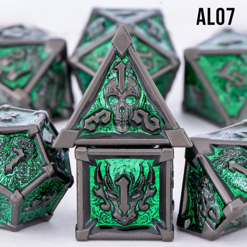 Dnd Dice Skull en métal vert, lot de dés polyédriques pour donjons et dragons, lot de dés D&D pour jeux de rôle, dés dragon, cadeau d et d dés AL07