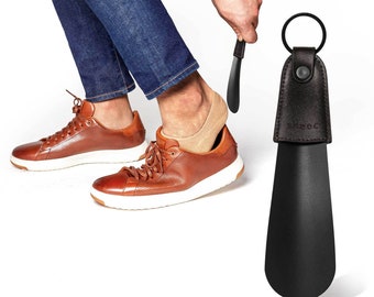 Travel Size Metal Shoe Horn with Faux Leather Handle & Keychain Ring - 6.5" (2 Color Options)