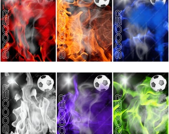May include: Six different colored backgrounds with a soccer ball in the upper right corner of each. The backgrounds are red, orange, blue, white, purple, and green. Each background has a smoky, fiery effect. The word "SOCCER" is written vertically on the left side of each image.