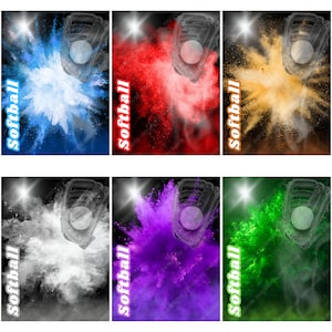 May include: Six different color variations of a softball glove catching a softball with a colorful powder explosion behind it. The text "Softball" is written vertically on the left side of each image.