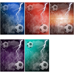 May include: Five different soccer backgrounds with a soccer ball in the center of each. The backgrounds are blue, red, brown, purple, and green. Each background has a lightning bolt and a cloud. The word "SOCCER" is written vertically on the left side of each background.
