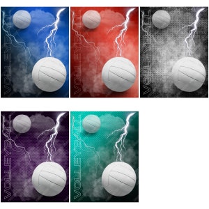May include: Five different volleyball posters with a white volleyball and lightning bolts on a colorful background. The backgrounds are blue, red, black, purple, and teal.