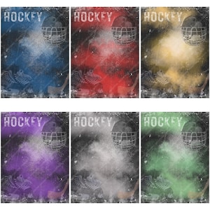 May include: Six vintage hockey posters with a grunge aesthetic. Each poster features a hockey helmet, a hockey stick, and a pair of hockey skates. The posters are in different colors: blue, red, yellow, purple, gray, and green.