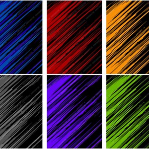 May include: Six abstract digital art pieces with diagonal lines in various colors: blue, red, orange, gray, purple, and green. Each piece has a black background with the colored lines overlayed.