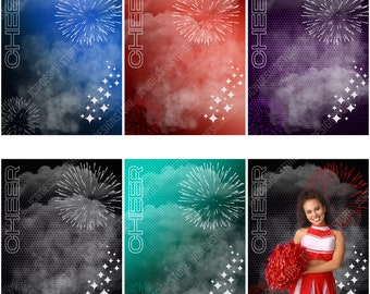 May include: Six different backgrounds with a cheerleading theme. Each background features a white outline of fireworks and a cloud with a subtle smoky effect. The backgrounds are in blue, red, purple, black, teal, and a black and white pattern. The word "CHEER" is written vertically in white on each background.