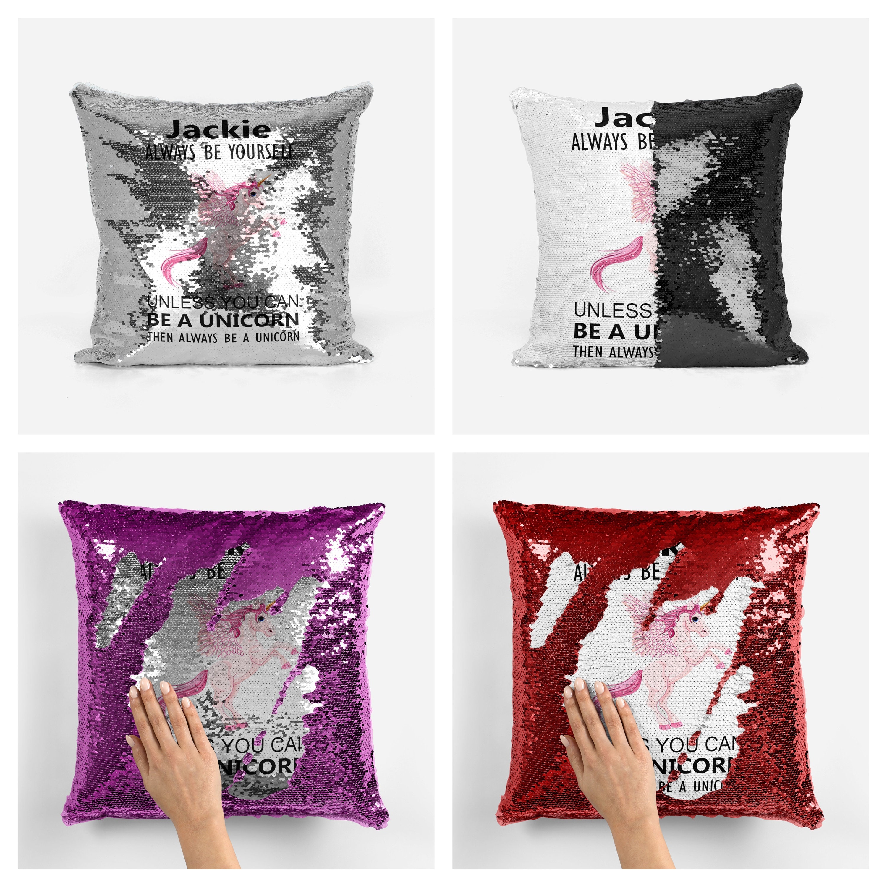 reversible sequin cushion personalised